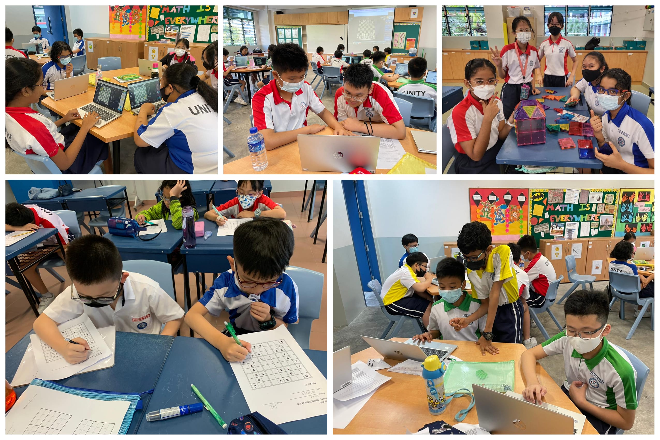 Collage of masked students in a classroom using laptops, doing worksheets, and showing colorful math models.